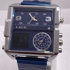 Lige Mens Three Times Metallic Silver Blue Watch Works New Battery